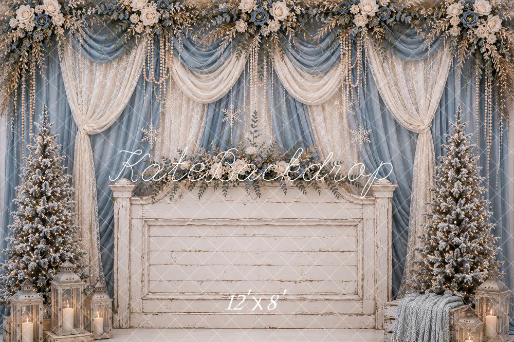 Kate Christmas Headboard Blue Drapes Snowy Christmas Trees Floral Printed Backdrop Designed by Ashley Paul