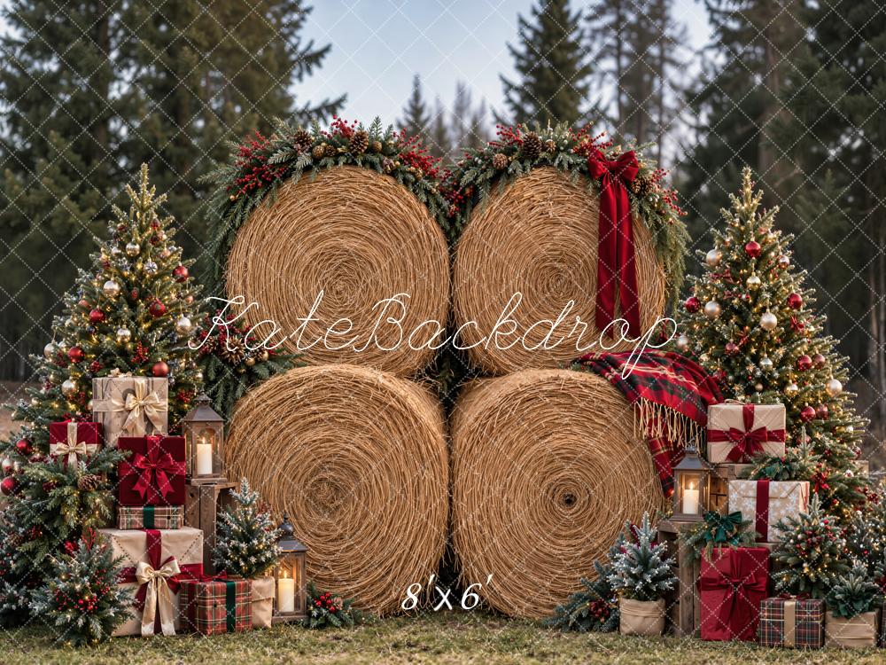 Kate Christmas Hay Bale Christmas Trees Red Bow Woodland Printed Backdrop Designed by Emetselch