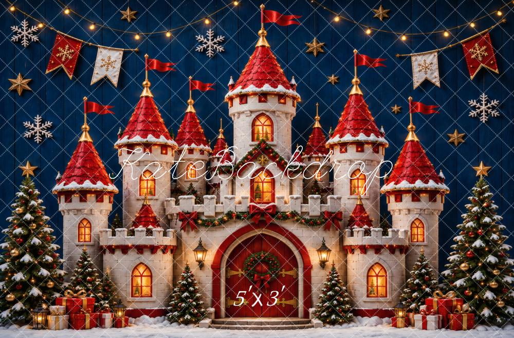 Kate Christmas Castle Red Roofs Christmas Trees Snow Gifts Printed Backdrop Designed by Vertigo Productions