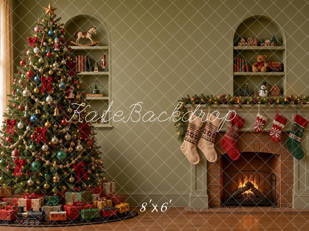 Kate Christmas Tree Fireplace Mantel Stockings Green Printed Backdrop Designed by Shutter Swan Studios