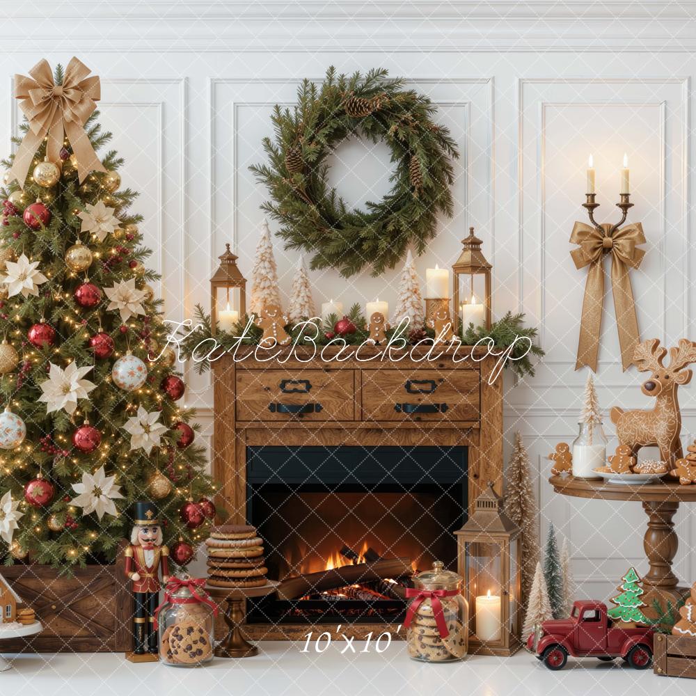 Kate Christmas Tree Wood Fireplace Wreath Gingerbread Cookies Printed Backdrop Designed by Mini MakeBelieve
