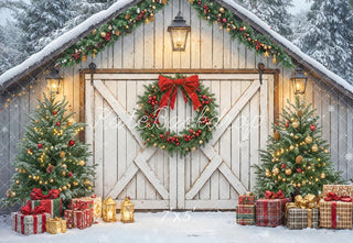 Kate Christmas Barn Door Wreath Trees Gifts Snow Printed Backdrop Designed by Emetselch