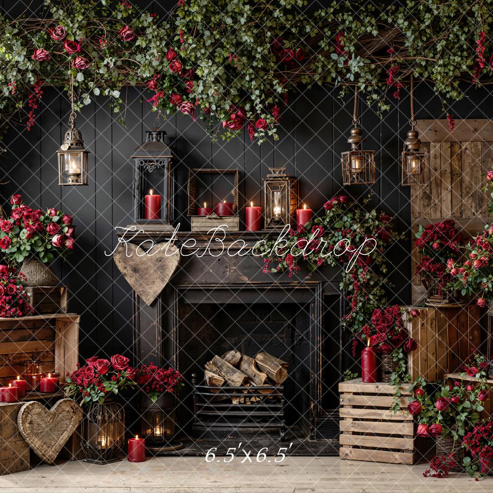 TEST Kate Valentine's Day Fireplace Red Roses Lanterns Wooden Crates Backdrop Designed by Emetselch