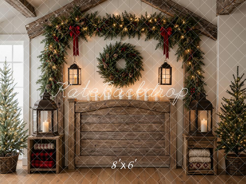 Kate Christmas Rustic Wood Headboard Garland Wreath Lanterns Printed Backdrop Designed by Emetselch