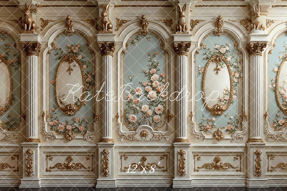 Kate Vintage Ornate Wall Floral Columns Rabbits Printed Backdrop Designed by Mini MakeBelieve