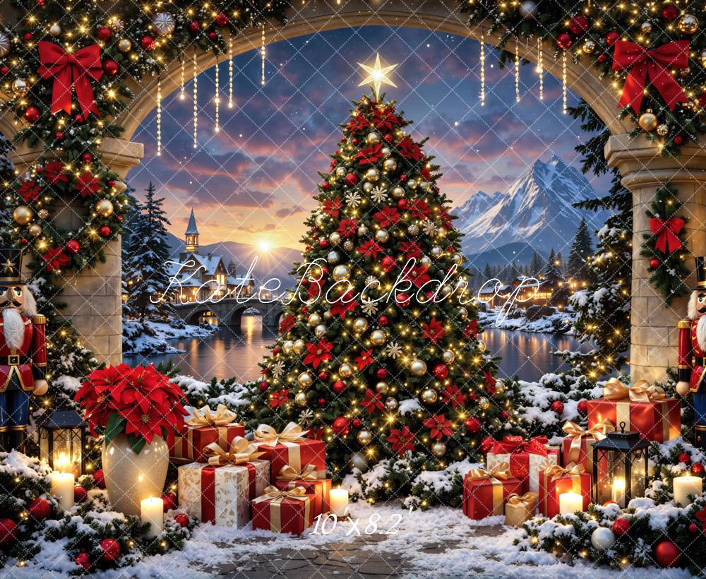 Kate Christmas Tree Nutcracker Presents Archway Snowy Village Printed Backdrop Designed by Mini MakeBelieve