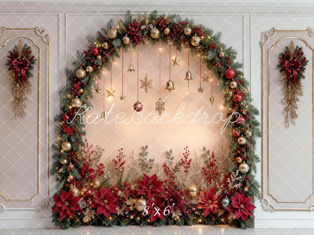 Kate Christmas Arch Ornaments Poinsettias Retro Wall Printed Backdrop Designed by Mini MakeBelieve