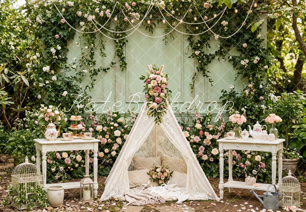 Kate Fairy Garden Flower Arch Tea Party Printed Backdrop Designed by Patty Roberts