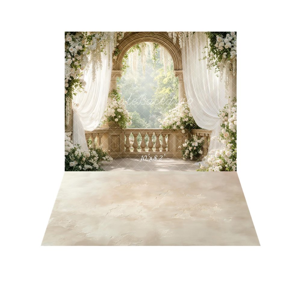 Kate Spring Flower Arch White Roses Draped Curtains Balcony Printed Backdrop+Beige Abstract Texture Printed Floor Backdrop