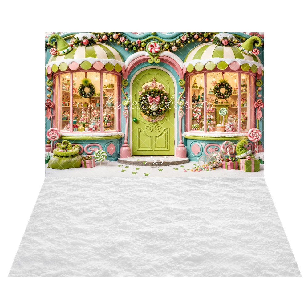 Kate Christmas Whimsical Green Candy Shop Storefront Printed Backdrop+White Snow Floor Printed Backdrop