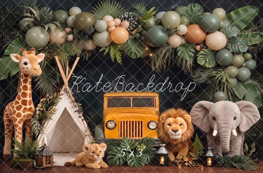 Kate Cake Smash Jungle Jeep Balloon Animals Printed Backdrop Designed by Chain Photography