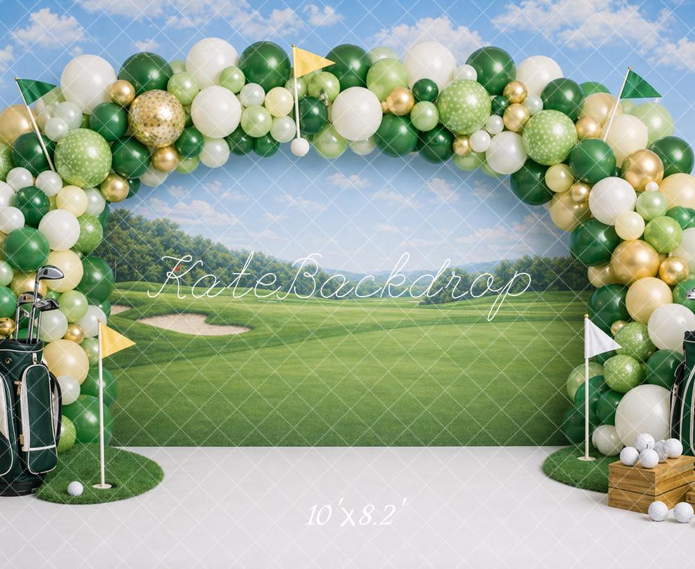 Kate Birthday Golf Course Balloon Arch Green Fairway Printed Backdrop Designed by Caitlin Lynch
