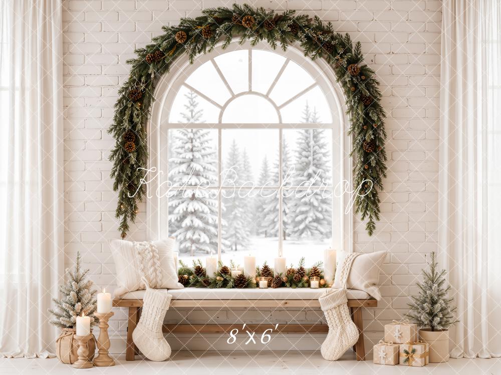 Kate Christmas Arched Window Cozy Bench Garland Snowy Forest Printed Backdrop Designed by Emetselch