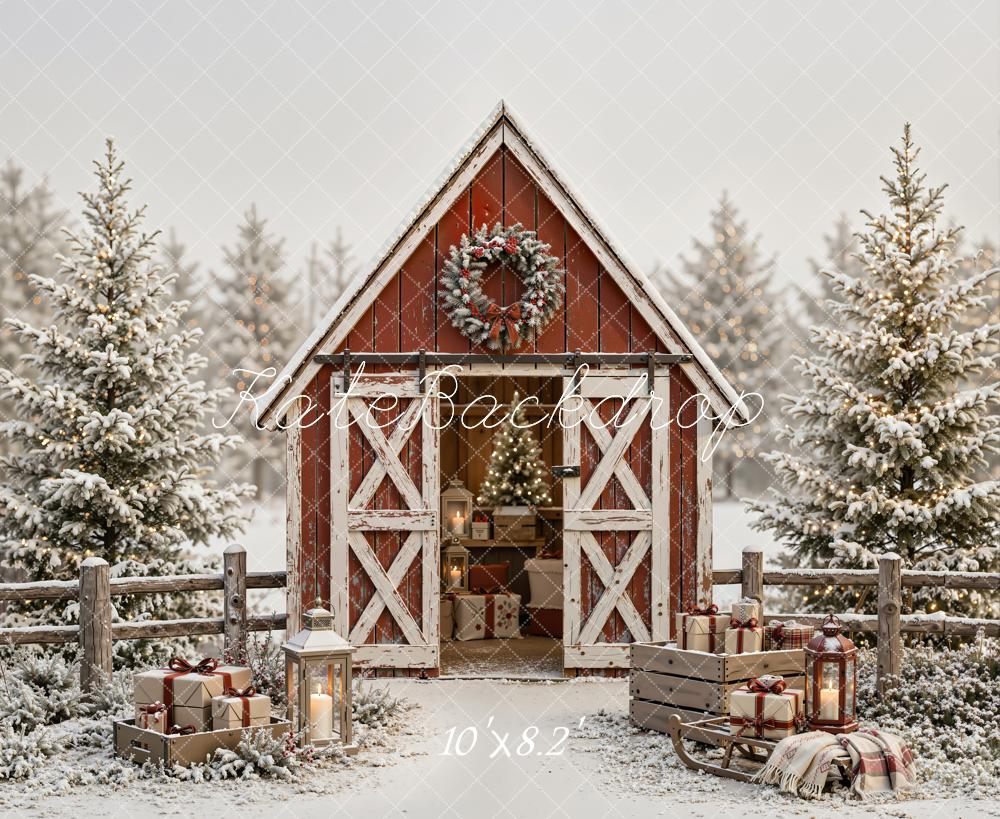 Kate Christmas Snowy Red Barn Wreath Pine Trees Wood Printed Backdrop Designed by Emetselch