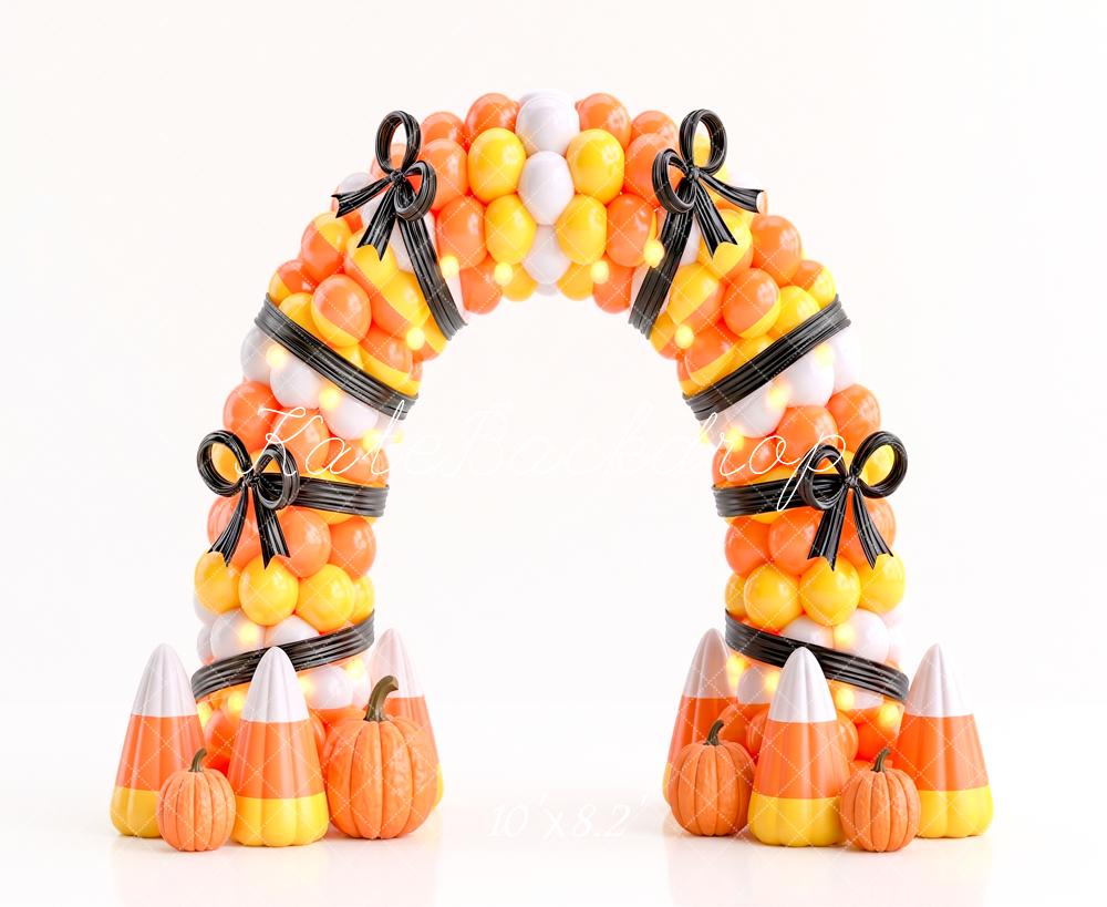 Kate Halloween Birthday Candy Corn Balloon Arch Pumpkins Bow Printed Backdrop Designed by Angela Miller