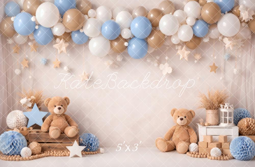 Kate Cake Smash Teddy Bear Blue Brown Balloons Stars Printed Backdrop Designed by Vertigo Productions