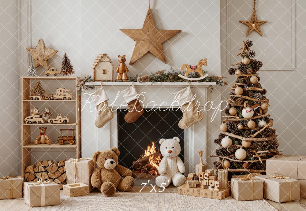 Kate Christmas Fireplace Tree Teddy Bears Gifts Stars Neutral Backdrop Designed by Emetselch