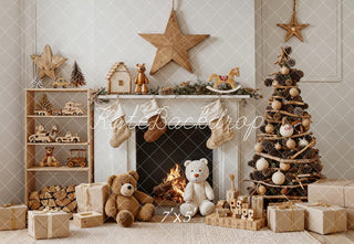 Kate Christmas Fireplace Tree Teddy Bears Gifts Stars Neutral Printed Backdrop Designed by Emetselch