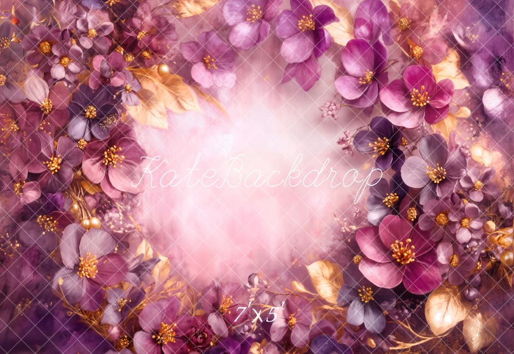 Kate Fine Art Purple Floral Gold Leaves Backdrop Designed by Emetselch