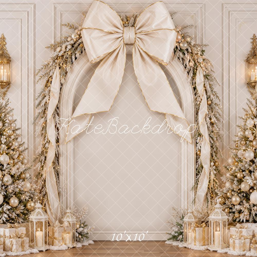 Kate Christmas White Gold Bow Luxury Trees Garland Printed Backdrop Designed by Emetselch