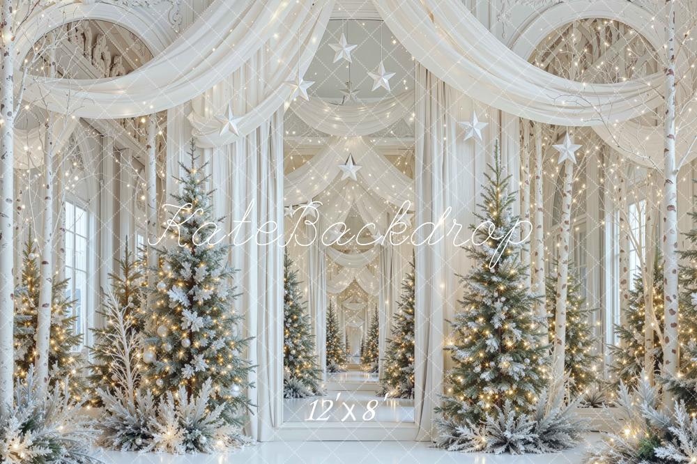 Kate Christmas Mansion Snowy Trees White Draped Curtains Stars Printed Backdrop Designed by Mini MakeBelieve