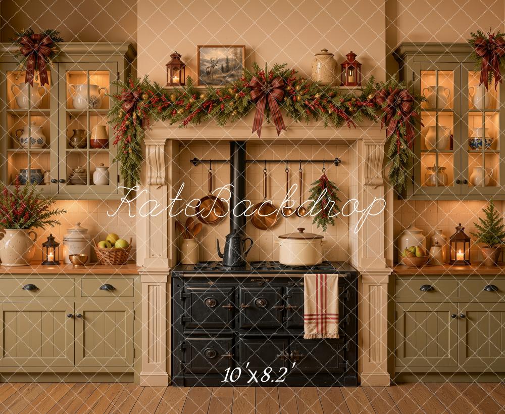 Kate Christmas Rustic Green Kitchen Stove Garland Printed Backdrop Designed by Ashley Ward
