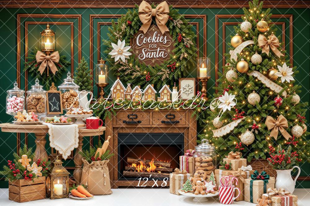 Kate Christmas Fireplace Cookies Tree Baking Green Printed Backdrop Designed by Mini MakeBelieve