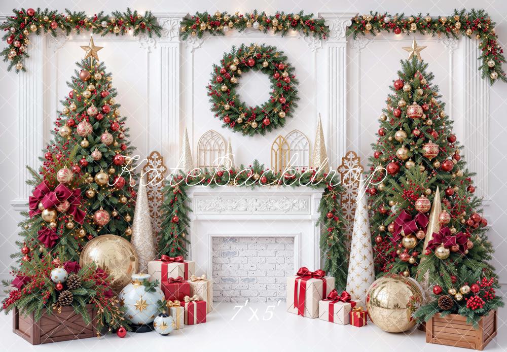 Kate Christmas Fireplace Christmas Tree Garland Presents Printed Backdrop Designed by Mini MakeBelieve