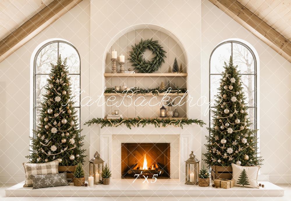 Kate Christmas Beige Fireplace Trees Mantel Gable Roof Printed Backdrop Designed by Emetselch