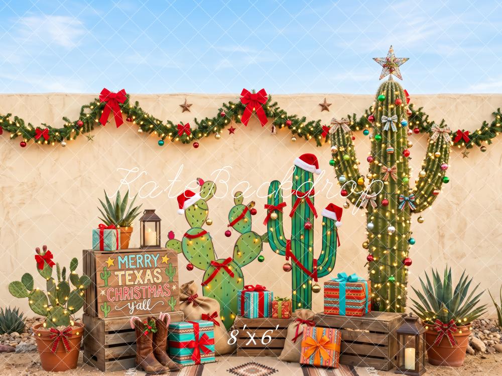Kate Christmas Western Texas Cactus Garland Presents Printed Backdrop Designed by Patty Roberts