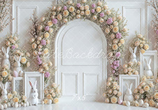Kate Easter Bunny Flower Arch Pink Cream Roses Printed Backdrop Designed by Mini MakeBelieve