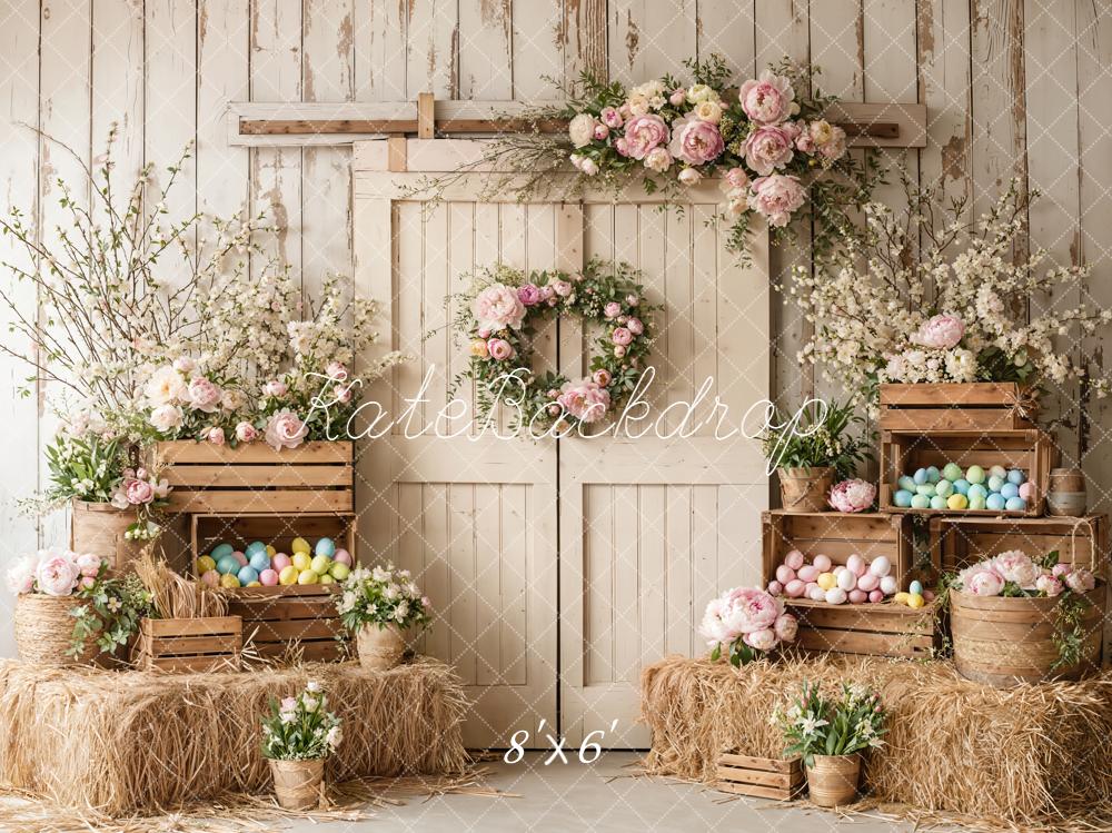 Kate Easter Spring White Barn Door Flowers Eggs Wood Crates Backdrop Designed by Emetselch