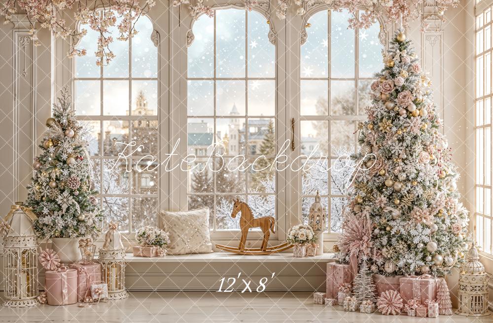 Kate Christmas Frosted Tree Pink Gifts Window Rocking Horse Backdrop Designed by Emetselch