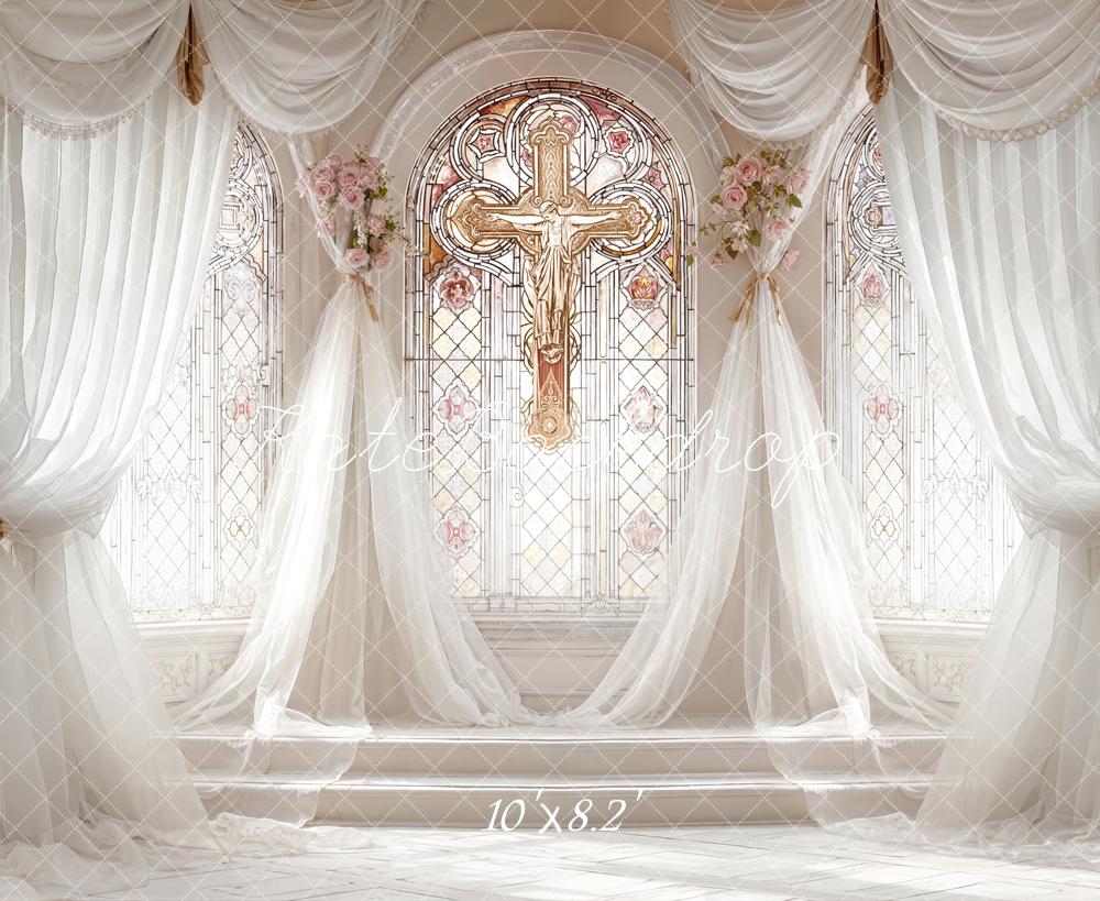 Kate Wedding Church Stained Glass Cross Drapes Flowers Backdrop Designed by Emetselch