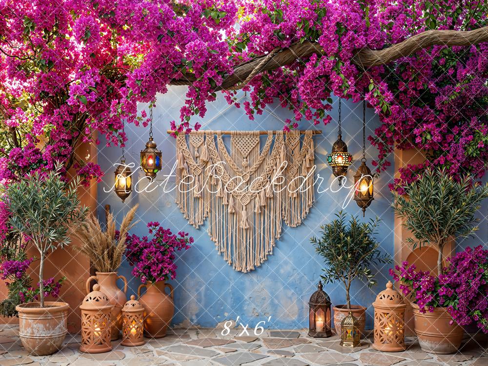 Kate Boho Macrame Pink Flower Arch Lanterns Blue Wall Backdrop Designed by Emetselch