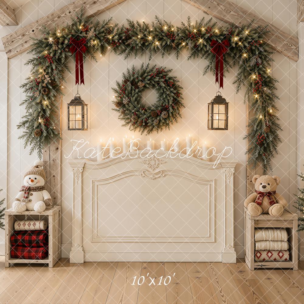 Kate Christmas Headboard Garland Wreath Snowman Trees White Printed Backdrop Designed by Emetselch