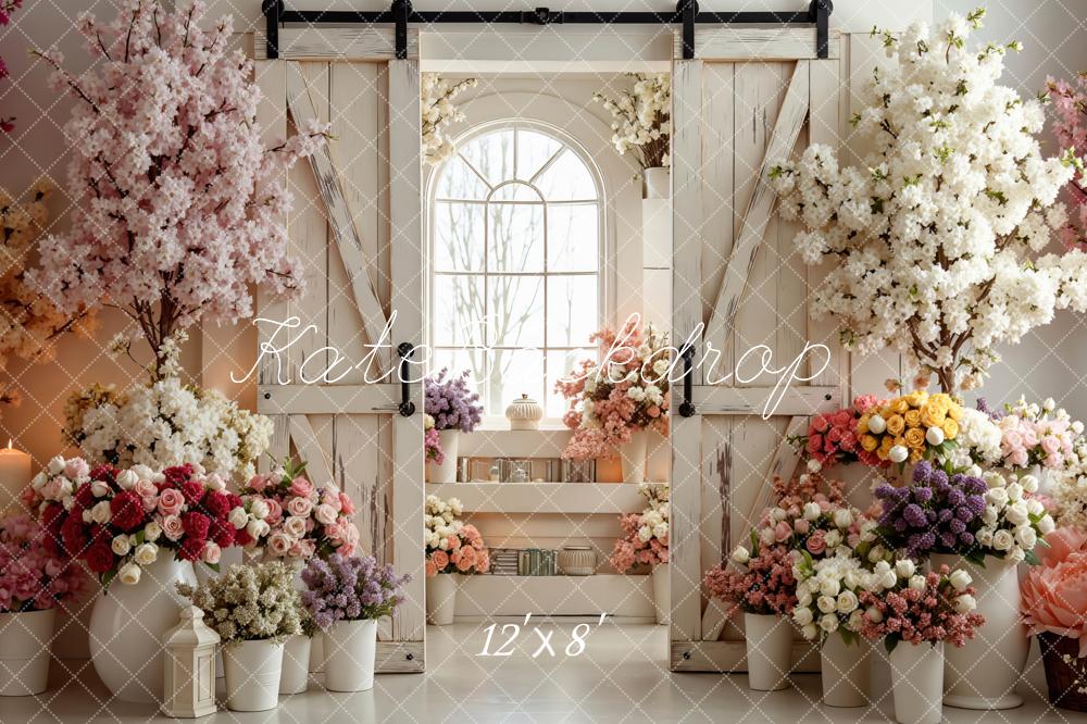 Kate Spring Barn Door Flower Arch Window Blossoms Backdrop Designed by Mini MakeBelieve