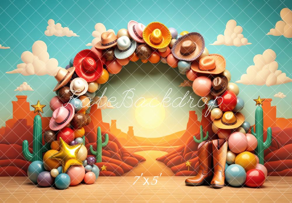 Kate Western Cowboy Hat Balloon Arch Desert Boots Printed Backdrop Designed by Laura Bybee