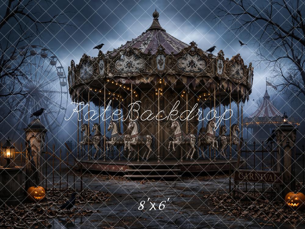Kate Halloween Night Haunted Carousel Pumpkins Printed Backdrop Designed by Chain Photography