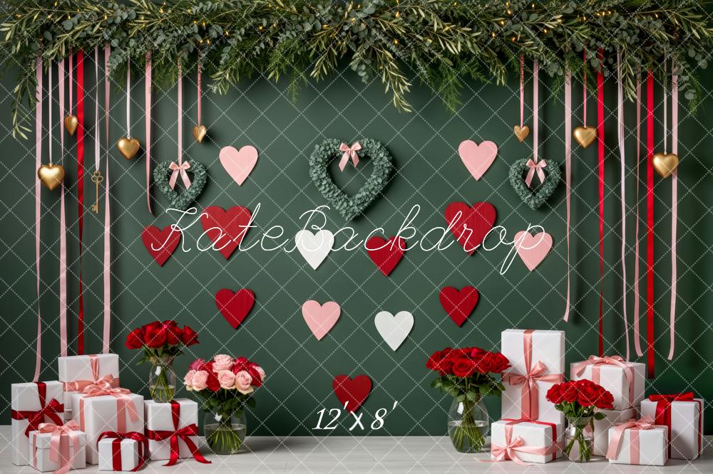 Kate Valentine's Day Green Wall Heart Wreaths Red Pink Hearts Ribbons Gifts Printed Backdrop Designed by Patty Roberts