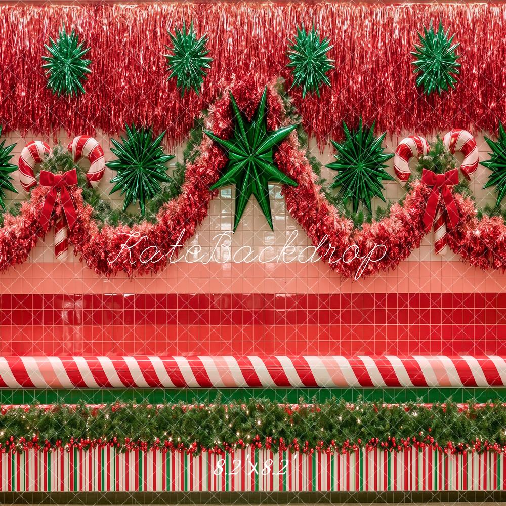 Kate 80's Mall Wall Christmas Tinsel Candy Cane Garland Printed Backdrop Designed by Angela Miller