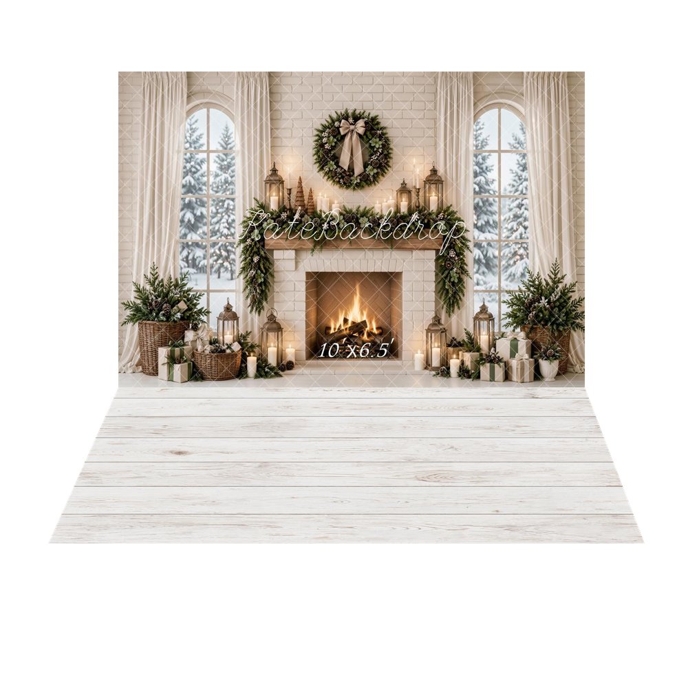 Kate Christmas Fireplace Wreath Garland White Curtains Printed Backdrop+White Wood Plank Floor Backdrop Printed Backdrop