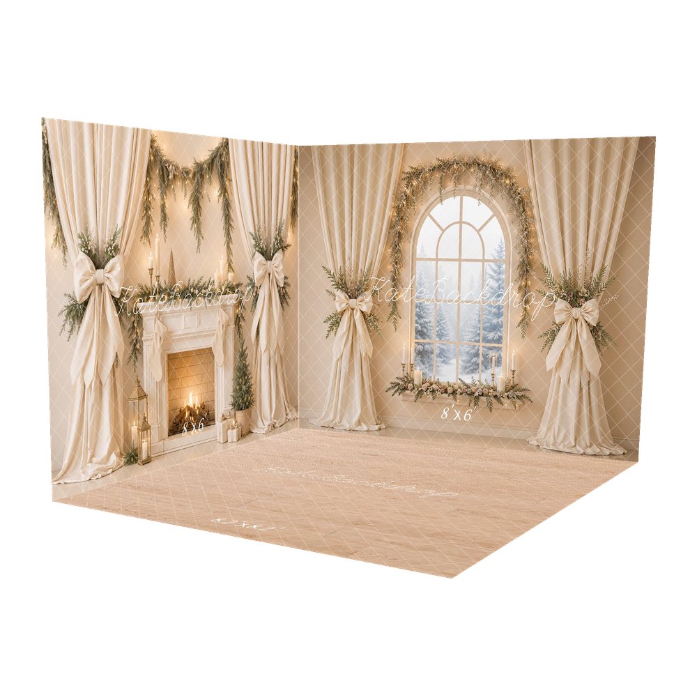 Kate Christmas Window Flower Arch Drapes Fireplace Printed Backdrop Room Set