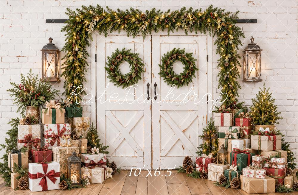 Kate Christmas White Rustic Barn Door Garland Gift Boxes Printed Backdrop Designed by Emetselch