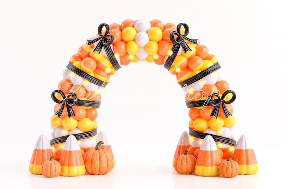 Kate Halloween Birthday Candy Corn Balloon Arch Pumpkins Bow Printed Backdrop Designed by Angela Miller
