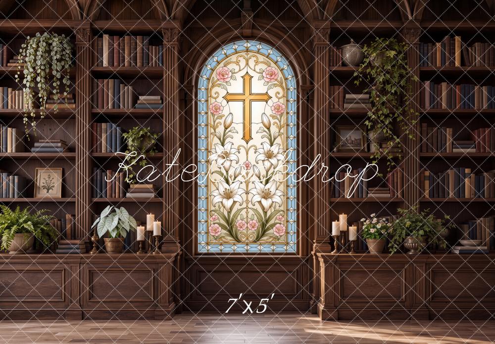 Kate Christian Ministry Stained Glass Cross Pastor Library Printed Backdrop Designed by Ashley Ward