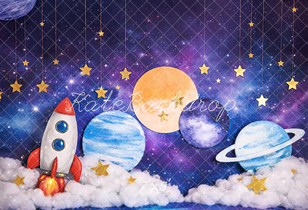 Kate Cake Smash Space Rocket Planets Clouds Printed Backdrop Designed by Mandy Ringe Photography