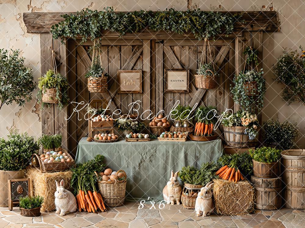 Kate Easter Rustic Brown Barn Door Bunny Carrots Eggs Backdrop Designed by Emetselch