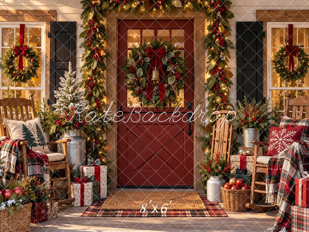 Kate Christmas Porch Garland Wreath Chair Plaid Rustic Printed Backdrop Designed by Shutter Swan Studios