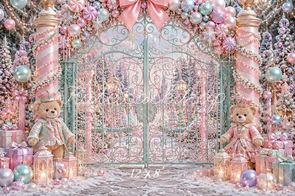 Kate Christmas Pink Candy Cane Gate Teddy Bears Kids Printed Backdrop Designed by Ashley Paul